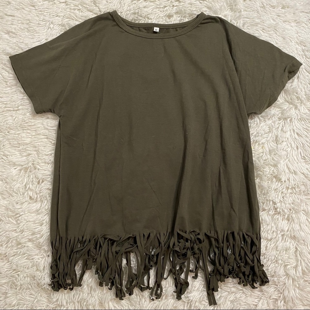 Gray-ish/green t-shirt with fringe
